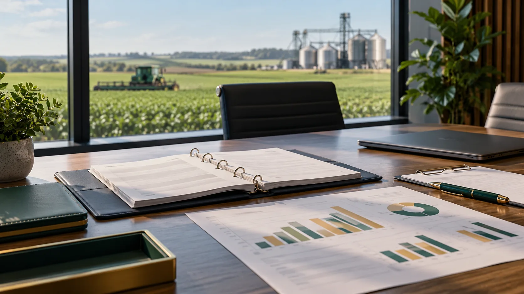 Ilustração de documentos e indicadores de gestão em ambiente agrícola